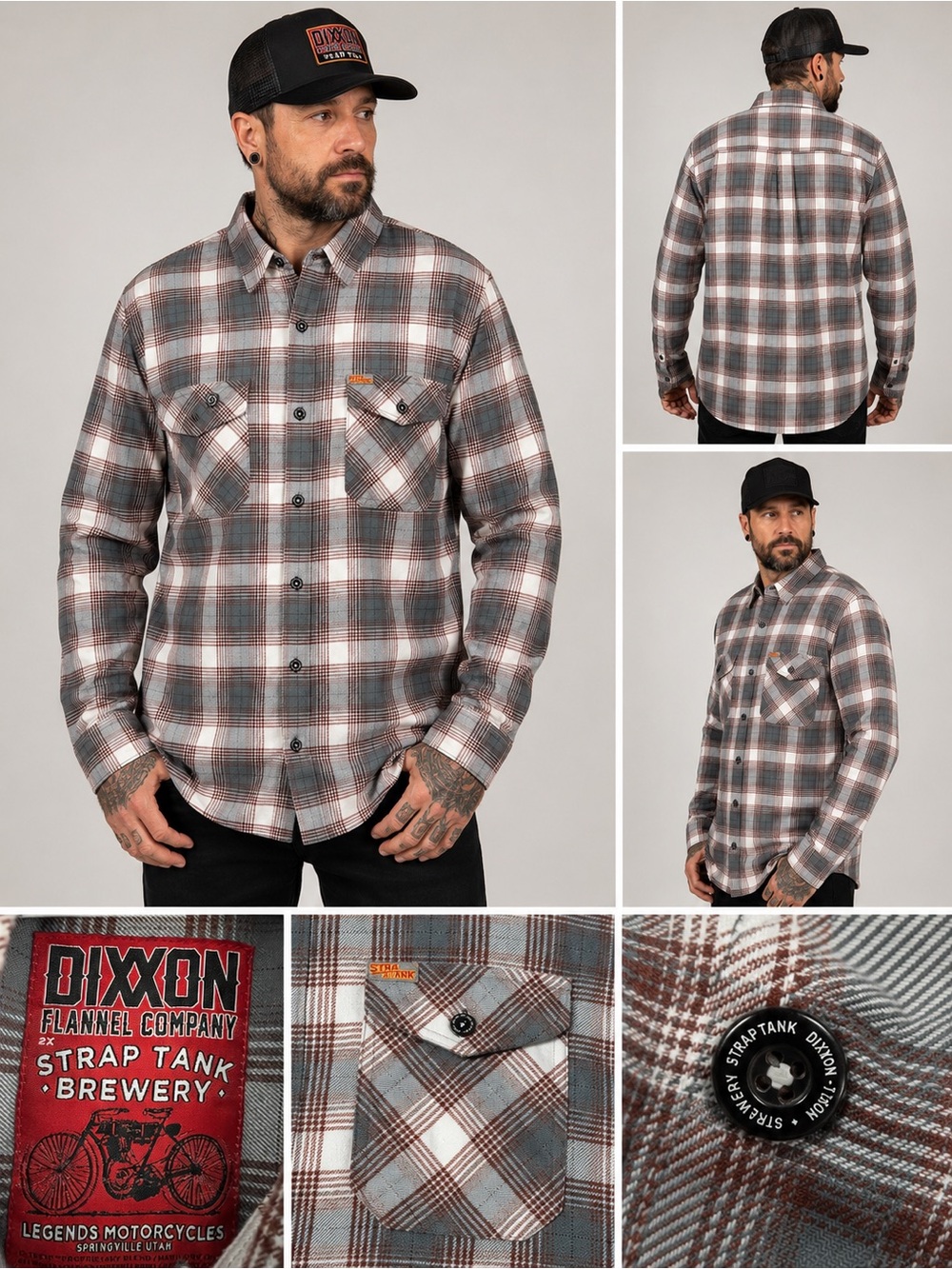 Dixxon Strap Tank Brewery Flannel Shirt 2XL Gray Brown Plaid Snap Button Up